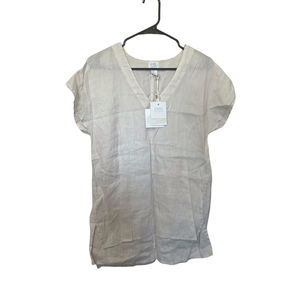 Sigrid Olsen Tan 100% Linen V-Neck Cap Sleeve High Low Blouse